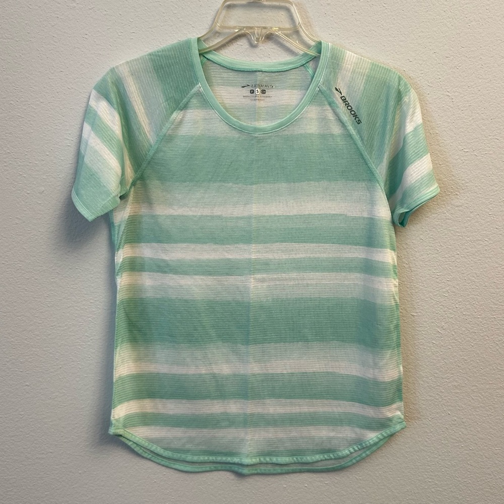 Brooks Women's Short Sleeve Striped Tee in Mint Green and White